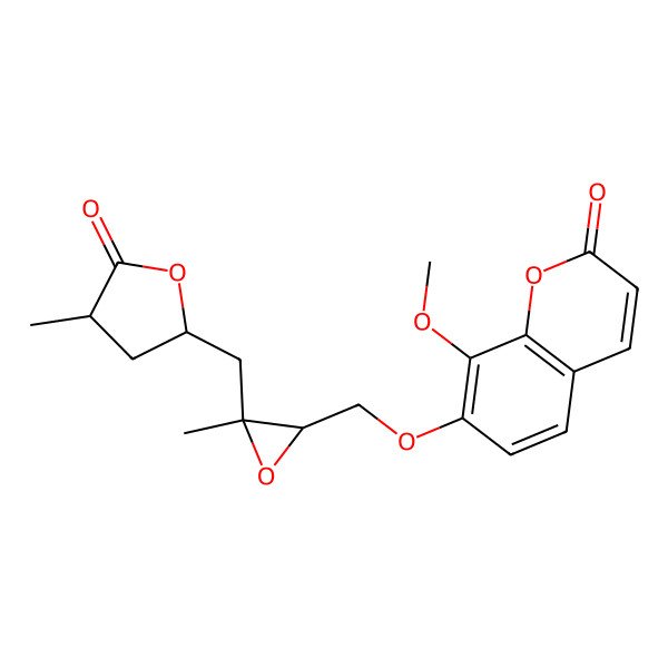 2D Structure of 8-methoxy-7-[[(2R,3S)-3-methyl-3-[[(2S,4R)-4-methyl-5-oxooxolan-2-yl]methyl]oxiran-2-yl]methoxy]chromen-2-one