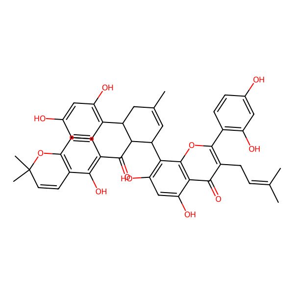 2D Structure of 2-(2,4-Dihydroxyphenyl)-8-[5-(2,4-dihydroxyphenyl)-6-(5-hydroxy-2,2-dimethylchromene-6-carbonyl)-3-methylcyclohex-2-en-1-yl]-5,7-dihydroxy-3-(3-methylbut-2-enyl)chromen-4-one