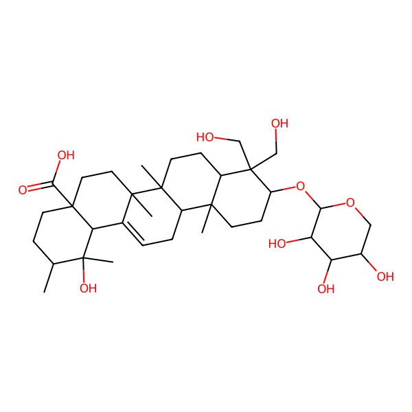 2D Structure of 1-Hydroxy-9,9-bis(hydroxymethyl)-1,2,6a,6b,12a-pentamethyl-10-(3,4,5-trihydroxyoxan-2-yl)oxy-2,3,4,5,6,6a,7,8,8a,10,11,12,13,14b-tetradecahydropicene-4a-carboxylic acid