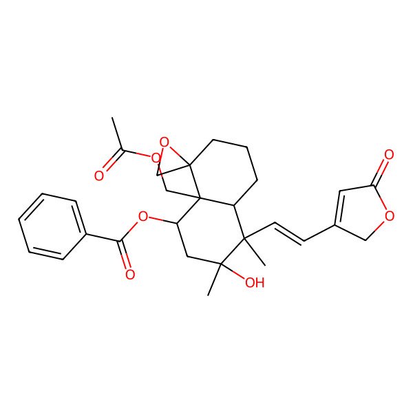 2D Structure of [(1S,3S,4S,4aR,8R,8aR)-8a-(acetyloxymethyl)-3-hydroxy-3,4-dimethyl-4-[(E)-2-(5-oxo-2H-furan-3-yl)ethenyl]spiro[1,2,4a,5,6,7-hexahydronaphthalene-8,2'-oxirane]-1-yl] benzoate