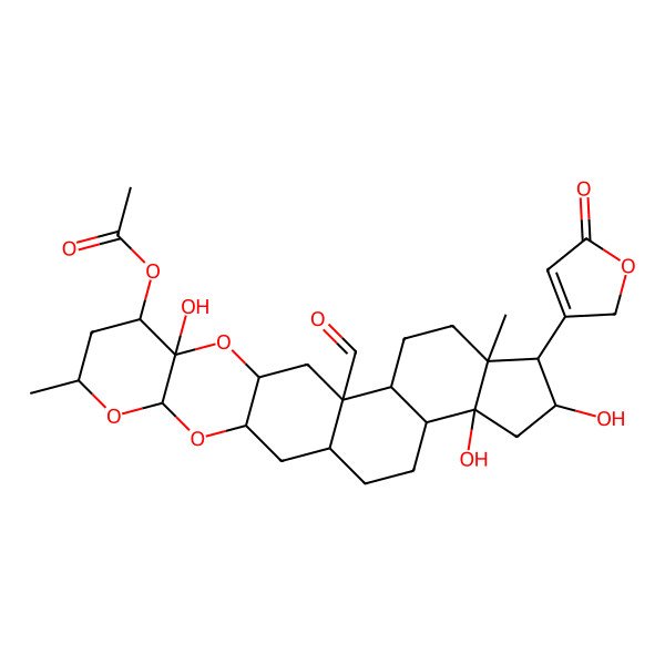 2D Structure of [(1S,3S,5S,7R,9S,10R,12R,14R,15S,18R,19R,20R,22R,23R)-14-formyl-10,20,22-trihydroxy-7,18-dimethyl-19-(5-oxo-2H-furan-3-yl)-4,6,11-trioxahexacyclo[12.11.0.03,12.05,10.015,23.018,22]pentacosan-9-yl] acetate