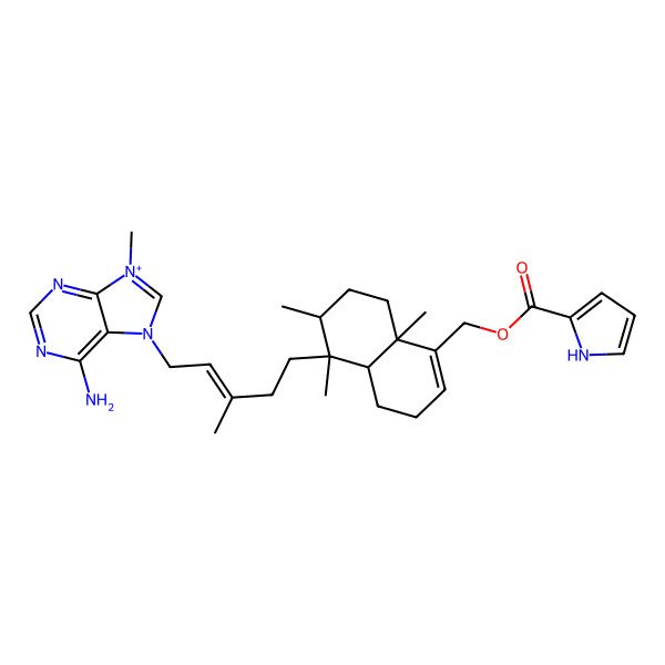 2D Structure of [(4aS,5R,6S,8aR)-5-[(E)-5-(6-amino-9-methylpurin-9-ium-7-yl)-3-methylpent-3-enyl]-5,6,8a-trimethyl-3,4,4a,6,7,8-hexahydronaphthalen-1-yl]methyl 1H-pyrrole-2-carboxylate