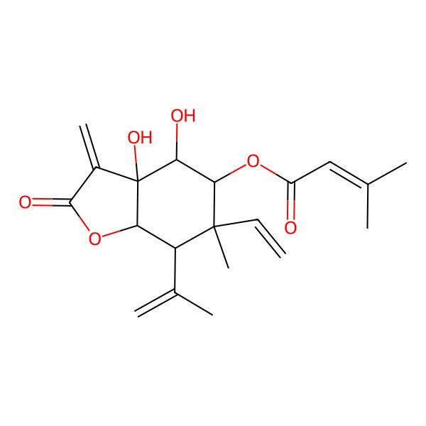 2D Structure of (6-Ethenyl-3a,4-dihydroxy-6-methyl-3-methylidene-2-oxo-7-prop-1-en-2-yl-4,5,7,7a-tetrahydro-1-benzofuran-5-yl) 3-methylbut-2-enoate