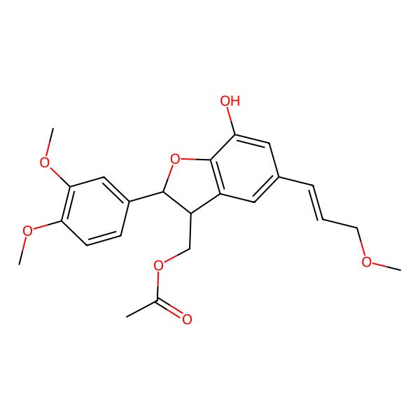 2D Structure of [2-(3,4-Dimethoxyphenyl)-7-hydroxy-5-(3-methoxyprop-1-enyl)-2,3-dihydro-1-benzofuran-3-yl]methyl acetate