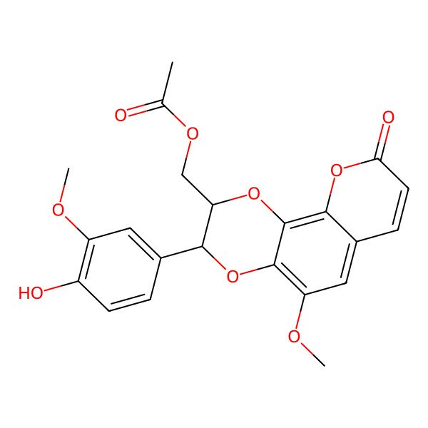 2D Structure of [3-(4-Hydroxy-3-methoxyphenyl)-5-methoxy-9-oxo-2,3-dihydropyrano[3,2-h][1,4]benzodioxin-2-yl]methyl acetate