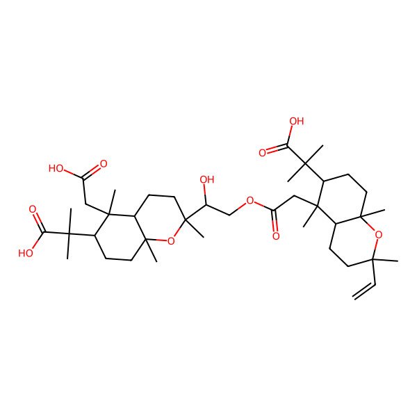 2D Structure of 2-[(2R,4aS,5R,6S,8aS)-2-[(1R)-2-[2-[(2R,4aS,5R,6S,8aS)-6-(2-carboxypropan-2-yl)-2-ethenyl-2,5,8a-trimethyl-3,4,4a,6,7,8-hexahydrochromen-5-yl]acetyl]oxy-1-hydroxyethyl]-5-(carboxymethyl)-2,5,8a-trimethyl-3,4,4a,6,7,8-hexahydrochromen-6-yl]-2-methylpropanoic acid