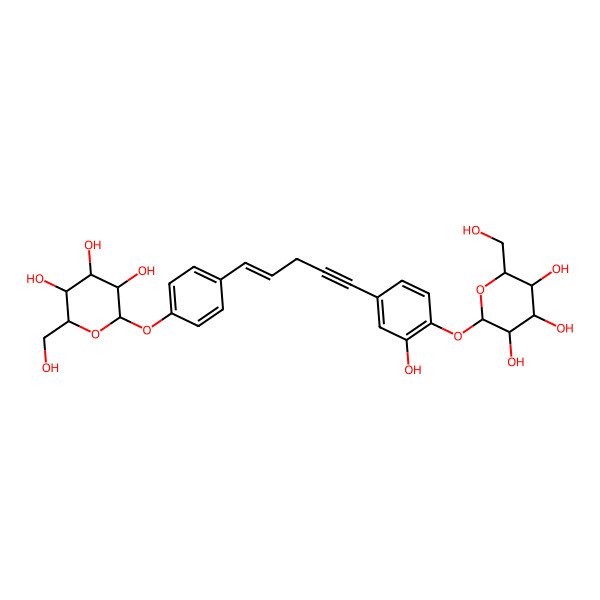 2D Structure of (2R,3S,4S,5R,6S)-2-(hydroxymethyl)-6-[4-[(E)-5-[3-hydroxy-4-[(2S,3R,4S,5S,6R)-3,4,5-trihydroxy-6-(hydroxymethyl)oxan-2-yl]oxyphenyl]pent-1-en-4-ynyl]phenoxy]oxane-3,4,5-triol