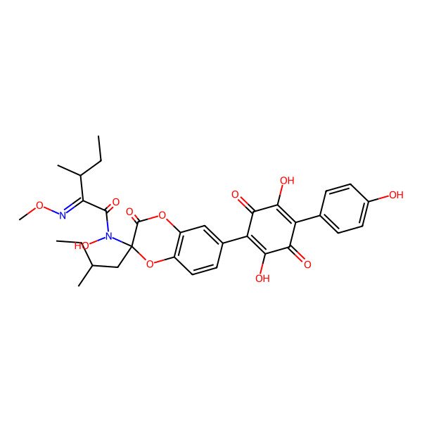 2D Structure of (2E,3S)-N-[6-[2,5-dihydroxy-4-(4-hydroxyphenyl)-3,6-dioxocyclohexa-1,4-dien-1-yl]-2-[(2S)-2-methylbutyl]-3-oxo-1,4-benzodioxin-2-yl]-N-hydroxy-2-methoxyimino-3-methylpentanamide