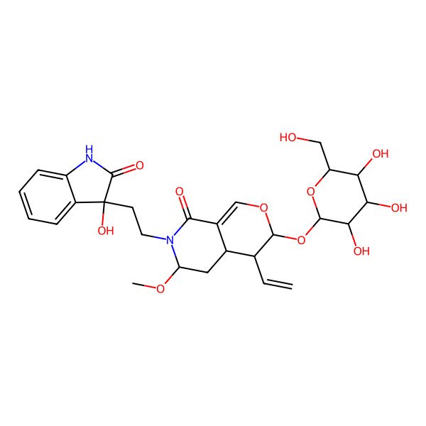 2D Structure of 4-ethenyl-7-[2-(3-hydroxy-2-oxo-1H-indol-3-yl)ethyl]-6-methoxy-3-[3,4,5-trihydroxy-6-(hydroxymethyl)oxan-2-yl]oxy-4,4a,5,6-tetrahydro-3H-pyrano[3,4-c]pyridin-8-one