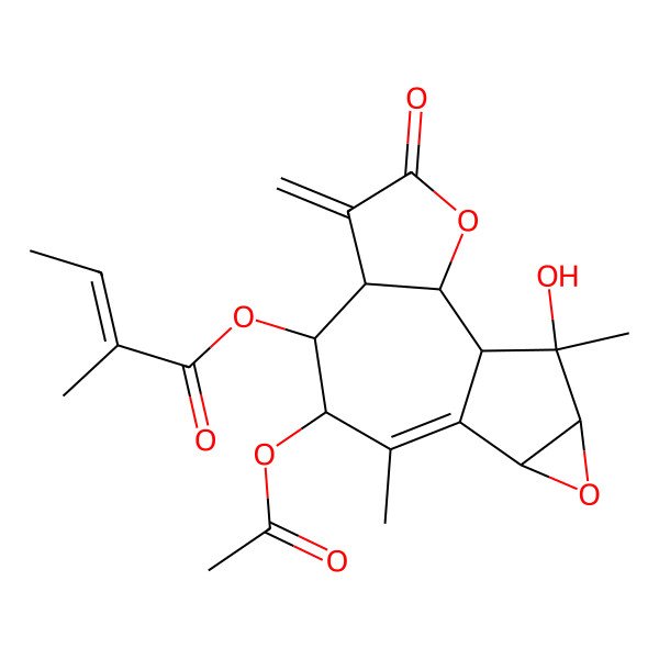 2D Structure of (8-Acetyloxy-14-hydroxy-9,14-dimethyl-5-methylidene-4-oxo-3,12-dioxatetracyclo[8.4.0.02,6.011,13]tetradec-9-en-7-yl) 2-methylbut-2-enoate