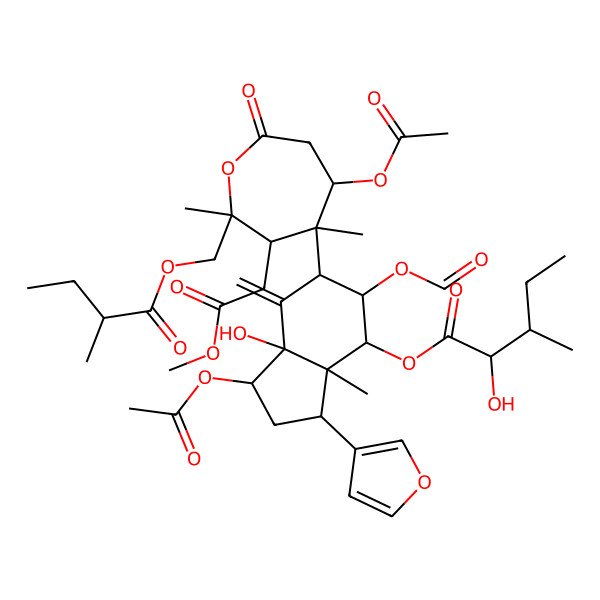 2D Structure of [1-Acetyloxy-6-[5-acetyloxy-3-(2-methoxy-2-oxoethyl)-2,4-dimethyl-2-(2-methylbutanoyloxymethyl)-7-oxooxepan-4-yl]-5-formyloxy-3-(furan-3-yl)-7a-hydroxy-3a-methyl-7-methylidene-1,2,3,4,5,6-hexahydroinden-4-yl] 2-hydroxy-3-methylpentanoate