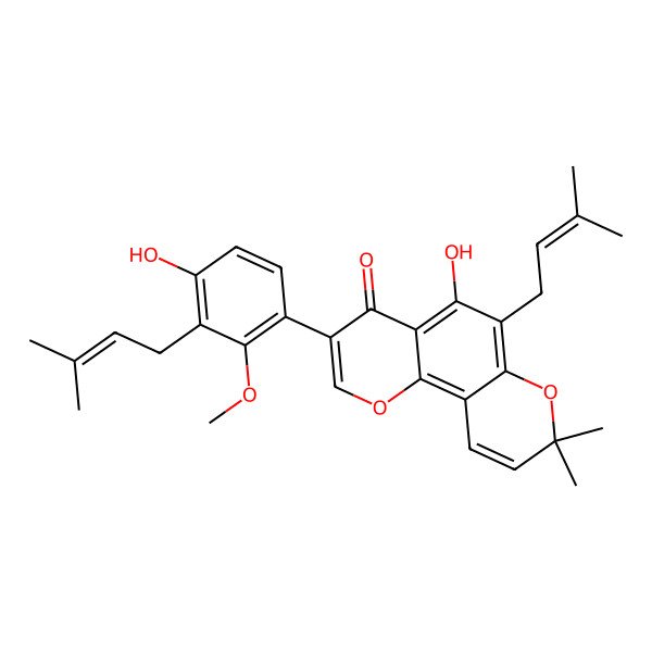 2D Structure of 5-Hydroxy-3-[4-hydroxy-2-methoxy-3-(3-methylbut-2-enyl)phenyl]-8,8-dimethyl-6-(3-methylbut-2-enyl)pyrano[2,3-h]chromen-4-one