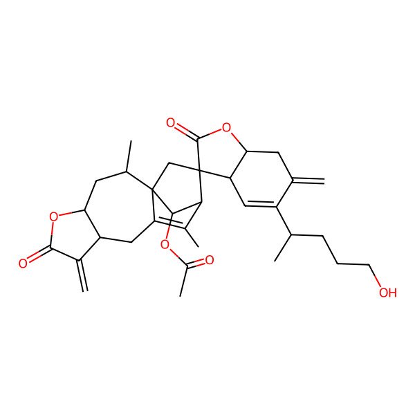 2D Structure of [(1R,2R,3'aS,4R,7'aS,8S,12S,13S,15S)-5'-[(2S)-5-hydroxypentan-2-yl]-2,11-dimethyl-6',7-dimethylidene-2',6-dioxospiro[5-oxatetracyclo[10.2.1.01,10.04,8]pentadec-10-ene-13,3'-7,7a-dihydro-3aH-1-benzofuran]-15-yl] acetate