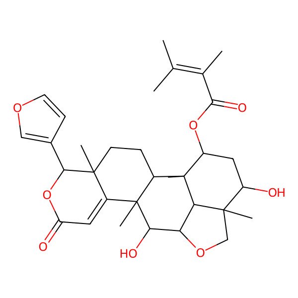 2D Structure of [(1R,2R,5R,6R,11R,12S,13R,16R,17R,19S,20R)-6-(furan-3-yl)-12,17-dihydroxy-1,5,11,16-tetramethyl-8-oxo-7,14-dioxapentacyclo[11.6.1.02,11.05,10.016,20]icos-9-en-19-yl] 2,3-dimethylbut-2-enoate