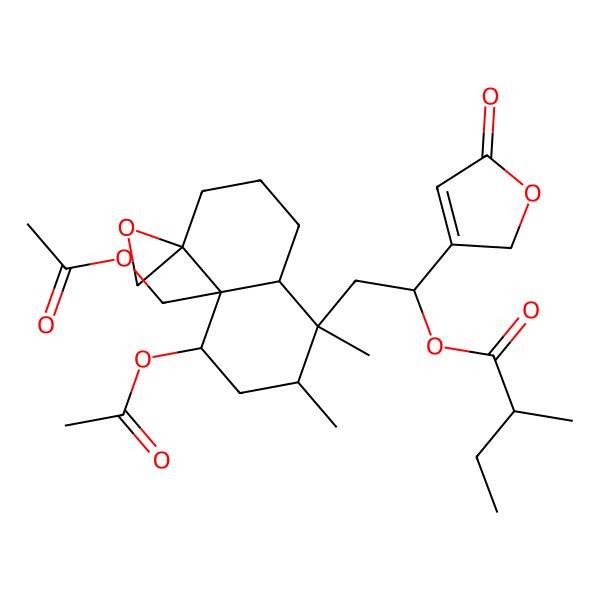 2D Structure of [(1S)-2-[(1S,2R,4S,4aR,5R,8aR)-4-acetyloxy-4a-(acetyloxymethyl)-1,2-dimethylspiro[3,4,6,7,8,8a-hexahydro-2H-naphthalene-5,2'-oxirane]-1-yl]-1-(5-oxo-2H-furan-3-yl)ethyl] (2R)-2-methylbutanoate