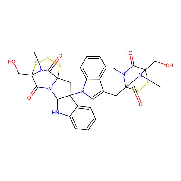 2D Structure of 14-(Hydroxymethyl)-3-[3-[[4-(hydroxymethyl)-5,7-dimethyl-6,8-dioxo-2,3-dithia-5,7-diazabicyclo[2.2.2]octan-1-yl]methyl]indol-1-yl]-19-methyl-15,16,17-trithia-10,12,19-triazapentacyclo[12.3.2.01,12.03,11.04,9]nonadeca-4,6,8-triene-13,18-dione