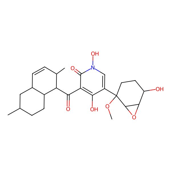 2D Structure of 3-(2,6-Dimethyl-1,2,4a,5,6,7,8,8a-octahydronaphthalene-1-carbonyl)-1,4-dihydroxy-5-(5-hydroxy-2-methoxy-7-oxabicyclo[4.1.0]heptan-2-yl)pyridin-2-one