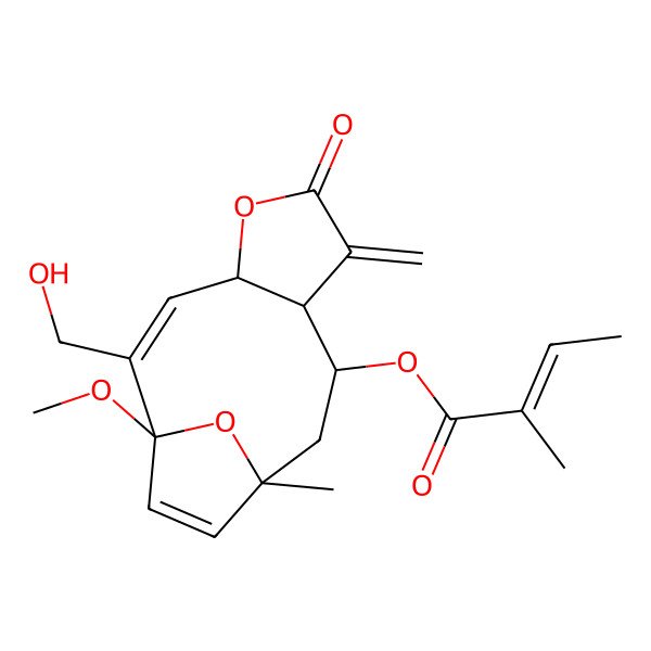2D Structure of [(1S,2Z,4S,8R,9R,11S)-2-(hydroxymethyl)-1-methoxy-11-methyl-7-methylidene-6-oxo-5,14-dioxatricyclo[9.2.1.04,8]tetradeca-2,12-dien-9-yl] (Z)-2-methylbut-2-enoate