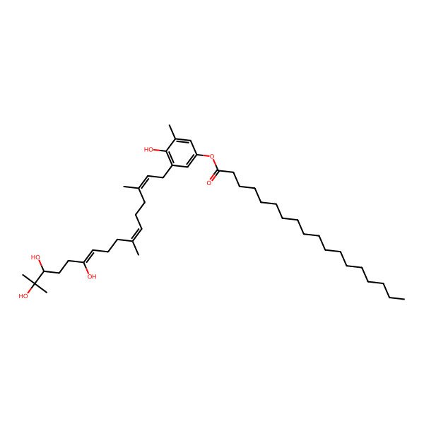 2D Structure of [4-hydroxy-3-methyl-5-[(2E,6E,10Z,14R)-11,14,15-trihydroxy-3,7,15-trimethylhexadeca-2,6,10-trienyl]phenyl] octadecanoate