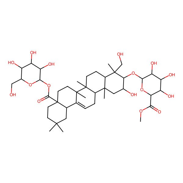 2D Structure of Methyl 3,4,5-trihydroxy-6-[[2-hydroxy-4-(hydroxymethyl)-4,6a,6b,11,11,14b-hexamethyl-8a-[3,4,5-trihydroxy-6-(hydroxymethyl)oxan-2-yl]oxycarbonyl-1,2,3,4a,5,6,7,8,9,10,12,12a,14,14a-tetradecahydropicen-3-yl]oxy]oxane-2-carboxylate