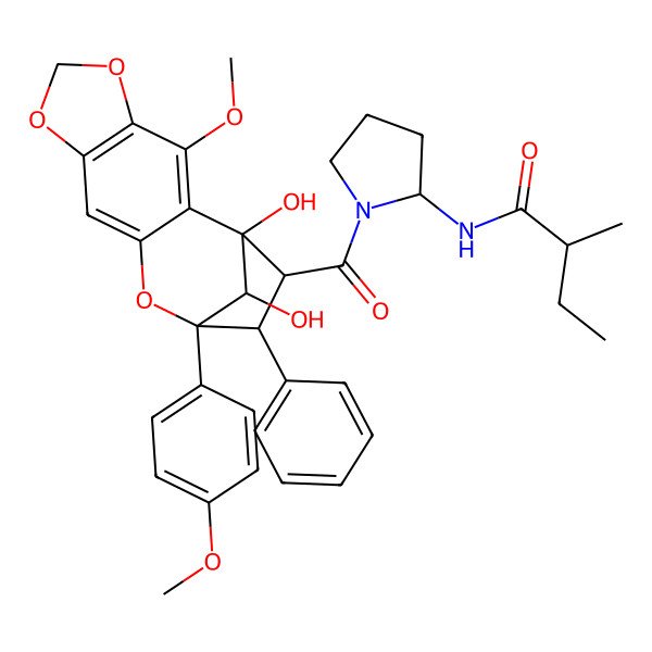 2D Structure of (2R)-N-[(2R)-1-[(1R,12R,13S,14R,15S)-1,15-dihydroxy-3-methoxy-12-(4-methoxyphenyl)-13-phenyl-5,7,11-trioxatetracyclo[10.2.1.02,10.04,8]pentadeca-2,4(8),9-triene-14-carbonyl]pyrrolidin-2-yl]-2-methylbutanamide