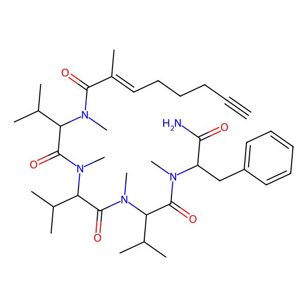 2D Structure of N-[1-[[1-[[1-[(1-amino-1-oxo-3-phenylpropan-2-yl)-methylamino]-3-methyl-1-oxobutan-2-yl]-methylamino]-3-methyl-1-oxobutan-2-yl]-methylamino]-3-methyl-1-oxobutan-2-yl]-N,2-dimethyloct-2-en-7-ynamide