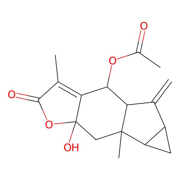 2D Structure of (4R)-3,6bbeta-Dimethyl-4alpha-acetoxy-5-methylene-7abeta-hydroxy-2,4,4aalpha,5,5aalpha,6,6aalpha,6b,7,7a-decahydrocyclopropa[2,3]indeno[5,6-b]furan-2-one