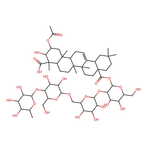 2D Structure of (2S,3R,4S,4aR,6aR,6bS,8aS,12aS,14aR,14bR)-2-acetyloxy-8a-[(2S,3R,4S,5S,6R)-3-[(2S,3R,4S,5S,6R)-6-[[(2R,3R,4R,5S,6R)-3,4-dihydroxy-6-(hydroxymethyl)-5-[(2S,3R,4R,5R,6S)-3,4,5-trihydroxy-6-methyloxan-2-yl]oxyoxan-2-yl]oxymethyl]-3,4,5-trihydroxyoxan-2-yl]oxy-4,5-dihydroxy-6-(hydroxymethyl)oxan-2-yl]oxycarbonyl-3-hydroxy-4,6a,6b,11,11,14b-hexamethyl-1,2,3,4a,5,6,7,8,9,10,12,12a,14,14a-tetradecahydropicene-4-carboxylic acid