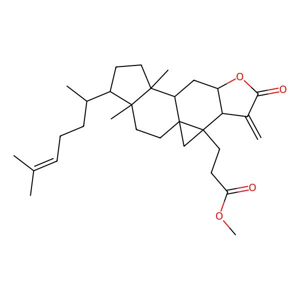 2D Structure of Methyl 3-[11,15-dimethyl-14-(6-methylhept-5-en-2-yl)-5-methylidene-6-oxo-7-oxapentacyclo[8.7.0.01,3.04,8.011,15]heptadecan-3-yl]propanoate