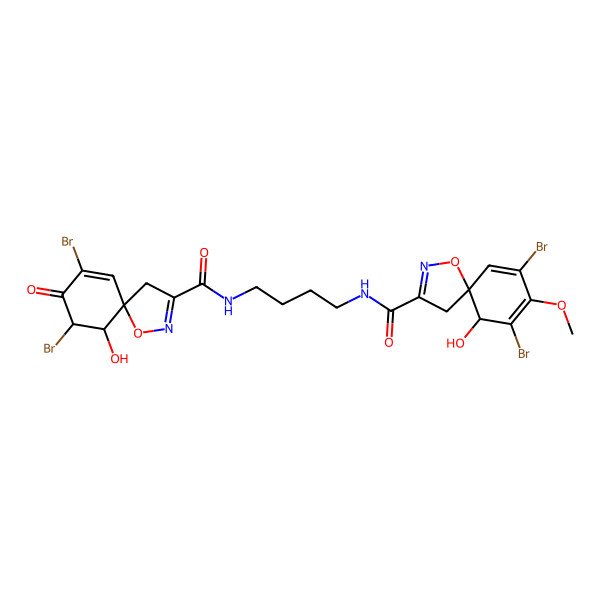 2D Structure of (5S,6R)-7,9-dibromo-N-[4-[[(5S,6R,7R)-7,9-dibromo-6-hydroxy-8-oxo-1-oxa-2-azaspiro[4.5]deca-2,9-diene-3-carbonyl]amino]butyl]-6-hydroxy-8-methoxy-1-oxa-2-azaspiro[4.5]deca-2,7,9-triene-3-carboxamide