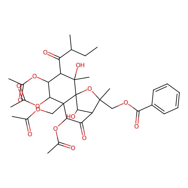 2D Structure of [4,5,7-Triacetyloxy-6-(acetyloxymethyl)-2,12-dihydroxy-2,10-dimethyl-3-(2-methylbutanoyl)-8-oxo-11-oxatricyclo[7.2.1.01,6]dodecan-10-yl]methyl benzoate
