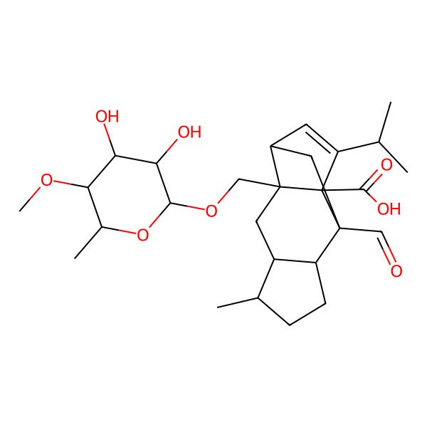 2D Structure of (1R,2S,4R,5R,8R,9S)-2-[[(2R,3S,4S,5S,6R)-3,4-dihydroxy-5-methoxy-6-methyloxan-2-yl]oxymethyl]-9-formyl-5-methyl-13-propan-2-yltetracyclo[7.4.0.02,11.04,8]tridec-12-ene-1-carboxylic acid