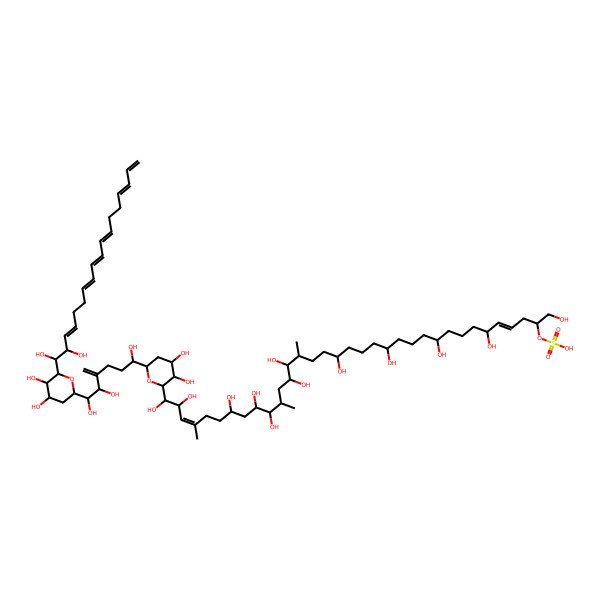 2D Structure of [(4E,32E)-35-[6-[6-[6-[(3E,7E,9E,11E,15E)-1,2-dihydroxyoctadeca-3,7,9,11,15,17-hexaenyl]-4,5-dihydroxyoxan-2-yl]-1,5,6-trihydroxy-4-methylidenehexyl]-3,4-dihydroxyoxan-2-yl]-1,6,10,14,18,22,23,26,27,29,34,35-dodecahydroxy-21,25,32-trimethylpentatriaconta-4,32-dien-2-yl] hydrogen sulfate