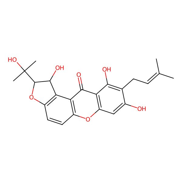 2D Structure of (1R,2R)-1,8,10-trihydroxy-2-(2-hydroxypropan-2-yl)-9-(3-methylbut-2-enyl)-1,2-dihydrofuro[3,2-a]xanthen-11-one