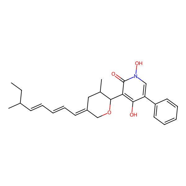 2D Structure of 1,4-dihydroxy-3-[(2R,3R,5Z)-3-methyl-5-[(2E,4E,6S)-6-methylocta-2,4-dienylidene]oxan-2-yl]-5-phenylpyridin-2-one