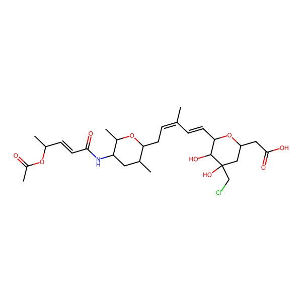2D Structure of 2-[6-[5-[5-(4-Acetyloxypent-2-enoylamino)-3,6-dimethyloxan-2-yl]-3-methylpenta-1,3-dienyl]-4-(chloromethyl)-4,5-dihydroxyoxan-2-yl]acetic acid