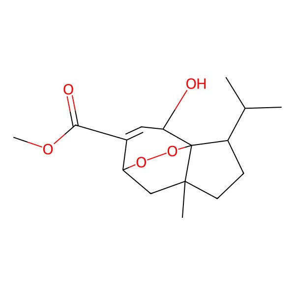 2D Structure of methyl (1R,2R,5R,7S,10S)-10-hydroxy-5-methyl-2-propan-2-yl-11,12-dioxatricyclo[5.3.2.01,5]dodec-8-ene-8-carboxylate