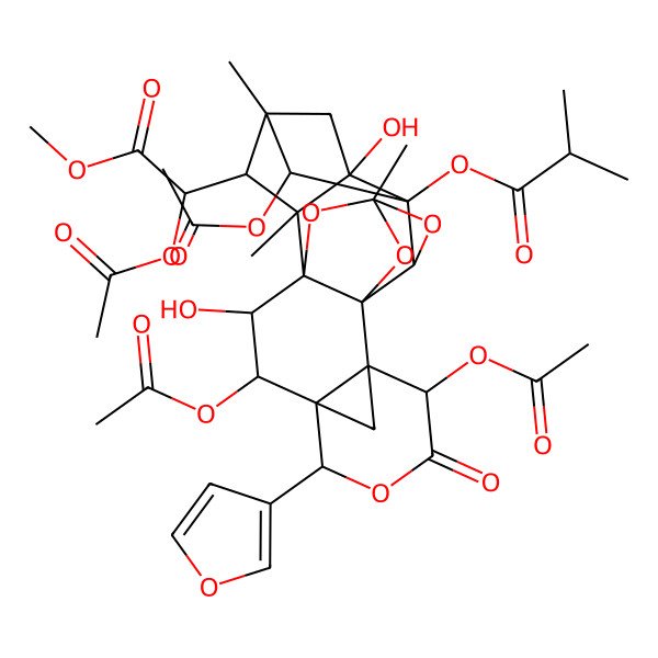 2D Structure of [(1R,2R,3R,4R,5S,8R,9S,10R,12R,14S,15S,16R,18R,19S,20R,22S)-3,8,22-triacetyloxy-19-[(1R)-1-acetyloxy-2-methoxy-2-oxoethyl]-5-(furan-3-yl)-2,16-dihydroxy-12,18,20-trimethyl-7-oxo-6,11,13,21-tetraoxaoctacyclo[10.8.1.14,9.115,18.01,10.04,9.010,14.016,20]tricosan-15-yl] 2-methylpropanoate