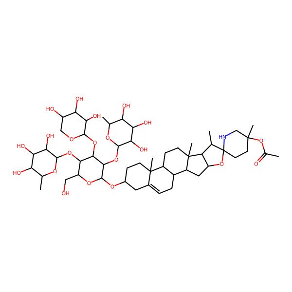 2D Structure of [16-[6-(Hydroxymethyl)-3,5-bis[(3,4,5-trihydroxy-6-methyloxan-2-yl)oxy]-4-(3,4,5-trihydroxyoxan-2-yl)oxyoxan-2-yl]oxy-3',7,9,13-tetramethylspiro[5-oxapentacyclo[10.8.0.02,9.04,8.013,18]icos-18-ene-6,6'-piperidine]-3'-yl] acetate