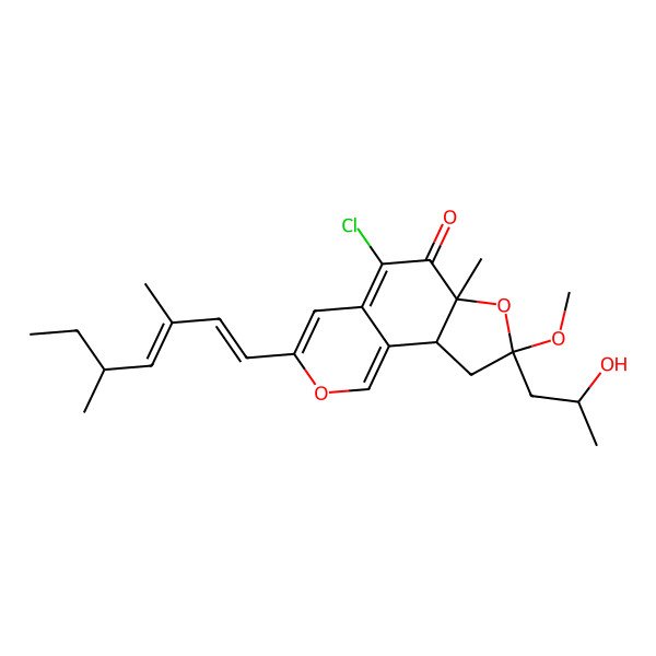 2D Structure of 5-Chloro-3-(3,5-dimethylhepta-1,3-dienyl)-8-(2-hydroxypropyl)-8-methoxy-6a-methyl-9,9a-dihydrofuro[2,3-h]isochromen-6-one