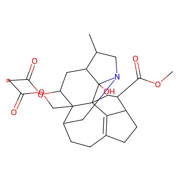 2D Structure of methyl (1S,3S,4R,10R,14R,15S,17S,18R,19S)-17-acetyloxy-18-(acetyloxymethyl)-19-hydroxy-14-methyl-12-azahexacyclo[10.6.1.11,4.010,18.015,19.07,20]icos-7(20)-ene-3-carboxylate