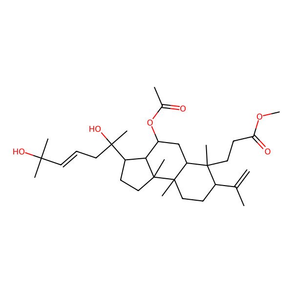 2D Structure of methyl 3-[(3R,3aS,4R,5aR,6S,7S,9aR,9bR)-4-acetyloxy-3-[(E,2S)-2,6-dihydroxy-6-methylhept-4-en-2-yl]-6,9a,9b-trimethyl-7-prop-1-en-2-yl-1,2,3,3a,4,5,5a,7,8,9-decahydrocyclopenta[a]naphthalen-6-yl]propanoate