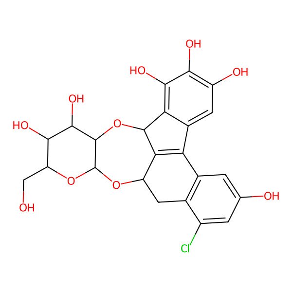 2D Structure of (1R,16R,18R,20R,21S,22S,23R)-13-chloro-20-(hydroxymethyl)-17,19,24-trioxahexacyclo[14.8.1.02,7.08,25.09,14.018,23]pentacosa-2,4,6,8(25),9(14),10,12-heptaene-3,4,5,11,21,22-hexol