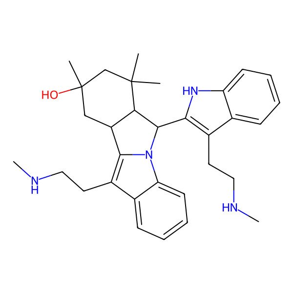 2D Structure of 7,7,9-trimethyl-11-[2-(methylamino)ethyl]-6-[3-[2-(methylamino)ethyl]-1H-indol-2-yl]-6a,8,10,10a-tetrahydro-6H-isoindolo[2,1-a]indol-9-ol