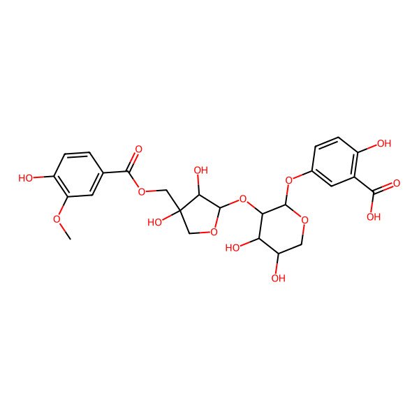 2D Structure of 5-[(2S,3R,4S,5R)-3-[(2S,3R,4S)-3,4-dihydroxy-4-[(4-hydroxy-3-methoxybenzoyl)oxymethyl]oxolan-2-yl]oxy-4,5-dihydroxyoxan-2-yl]oxy-2-hydroxybenzoic acid