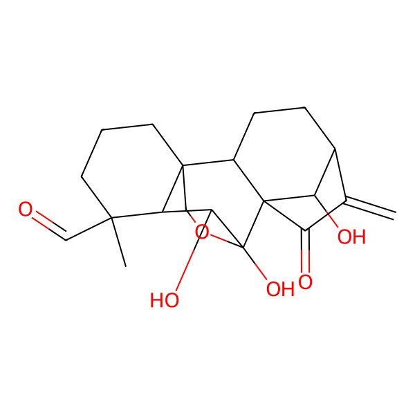 2D Structure of 9,10,18-Trihydroxy-12-methyl-6-methylidene-7-oxo-17-oxapentacyclo[7.6.2.15,8.01,11.02,8]octadecane-12-carbaldehyde