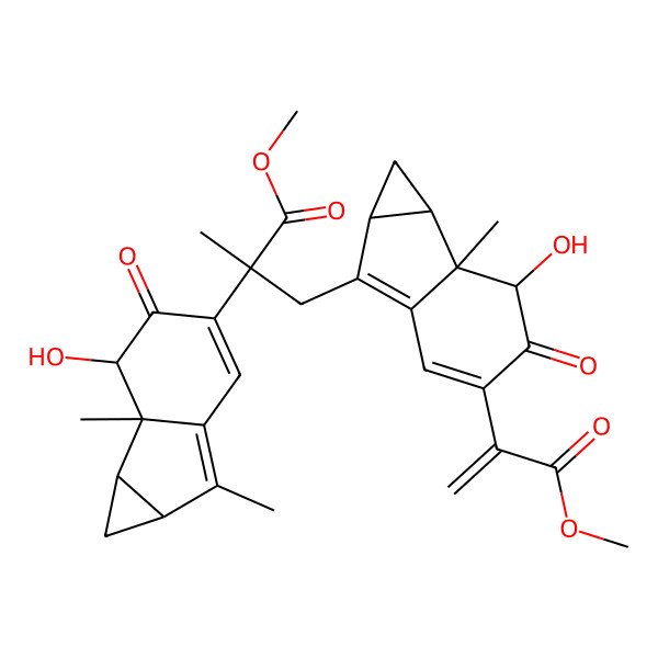 2D Structure of methyl (2R)-2-[(1aR,1bS,2R,6aS)-2-hydroxy-1b,6-dimethyl-3-oxo-1,1a,2,6a-tetrahydrocyclopropa[a]inden-4-yl]-3-[(1aR,1bS,2R,6aS)-2-hydroxy-4-(3-methoxy-3-oxoprop-1-en-2-yl)-1b-methyl-3-oxo-1,1a,2,6a-tetrahydrocyclopropa[a]inden-6-yl]-2-methylpropanoate