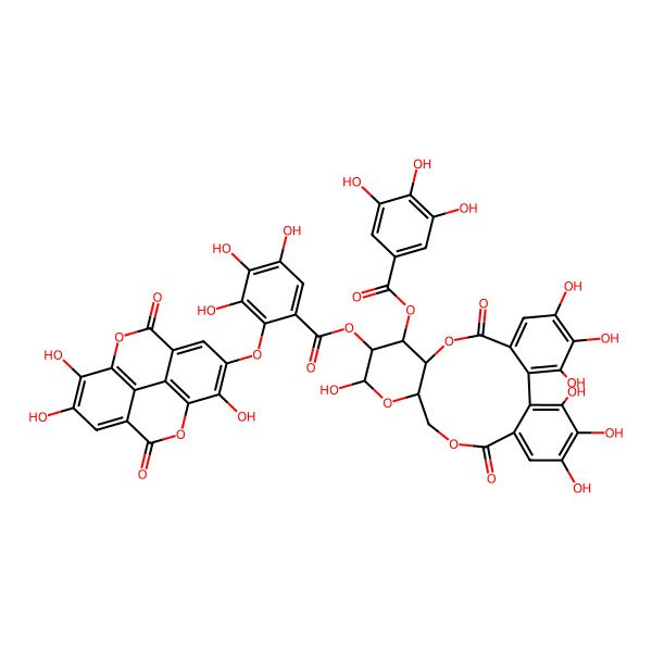 2D Structure of [(10R,11S,12R,13R,15R)-3,4,5,13,21,22,23-heptahydroxy-8,18-dioxo-11-(3,4,5-trihydroxybenzoyl)oxy-9,14,17-trioxatetracyclo[17.4.0.02,7.010,15]tricosa-1(23),2,4,6,19,21-hexaen-12-yl] 3,4,5-trihydroxy-2-[(7,13,14-trihydroxy-3,10-dioxo-2,9-dioxatetracyclo[6.6.2.04,16.011,15]hexadeca-1(15),4,6,8(16),11,13-hexaen-6-yl)oxy]benzoate