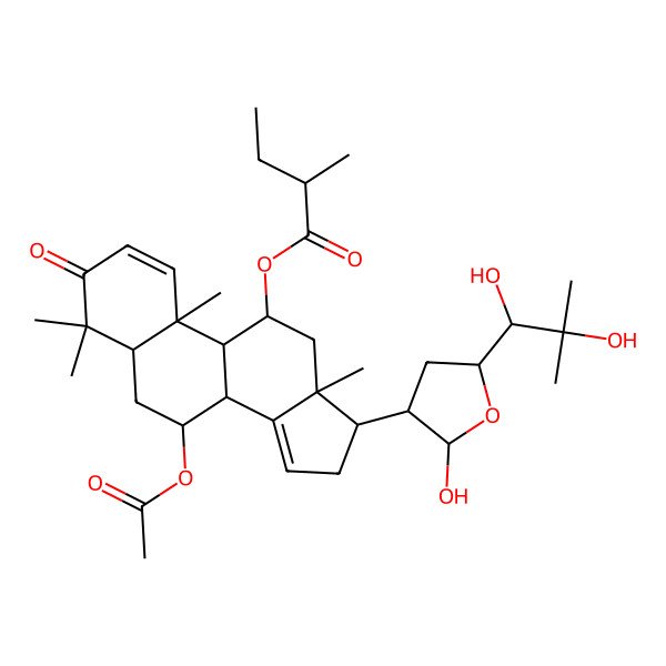 2D Structure of [(5R,7R,8R,9S,10S,11R,13S,17S)-7-acetyloxy-17-[(3S,5R)-5-[(1S)-1,2-dihydroxy-2-methylpropyl]-2-hydroxyoxolan-3-yl]-4,4,10,13-tetramethyl-3-oxo-6,7,8,9,11,12,16,17-octahydro-5H-cyclopenta[a]phenanthren-11-yl] (2R)-2-methylbutanoate