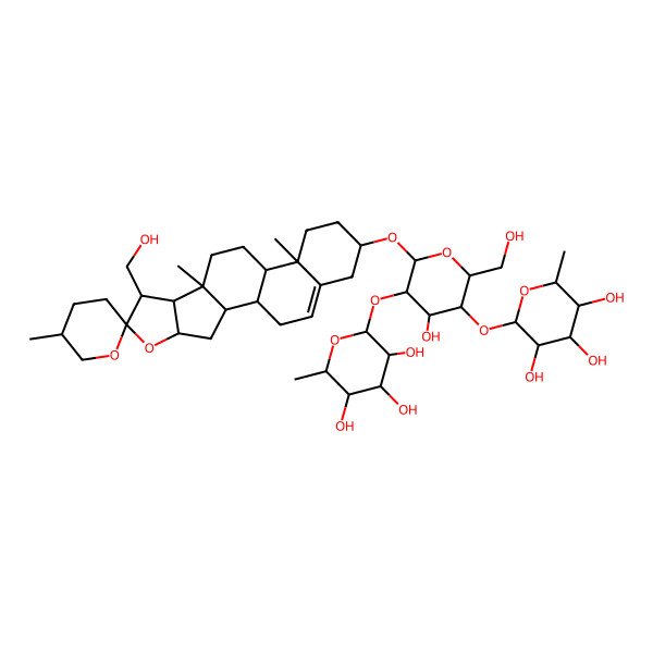 2D Structure of (2S,3R,4R,5R,6S)-2-[(2R,3S,4S,5R,6R)-4-hydroxy-2-(hydroxymethyl)-6-[(1S,2S,4S,5'S,6R,7R,8R,9S,12S,13R,16S)-7-(hydroxymethyl)-5',9,13-trimethylspiro[5-oxapentacyclo[10.8.0.02,9.04,8.013,18]icos-18-ene-6,2'-oxane]-16-yl]oxy-5-[(2S,3R,4R,5R,6S)-3,4,5-trihydroxy-6-methyloxan-2-yl]oxyoxan-3-yl]oxy-6-methyloxane-3,4,5-triol